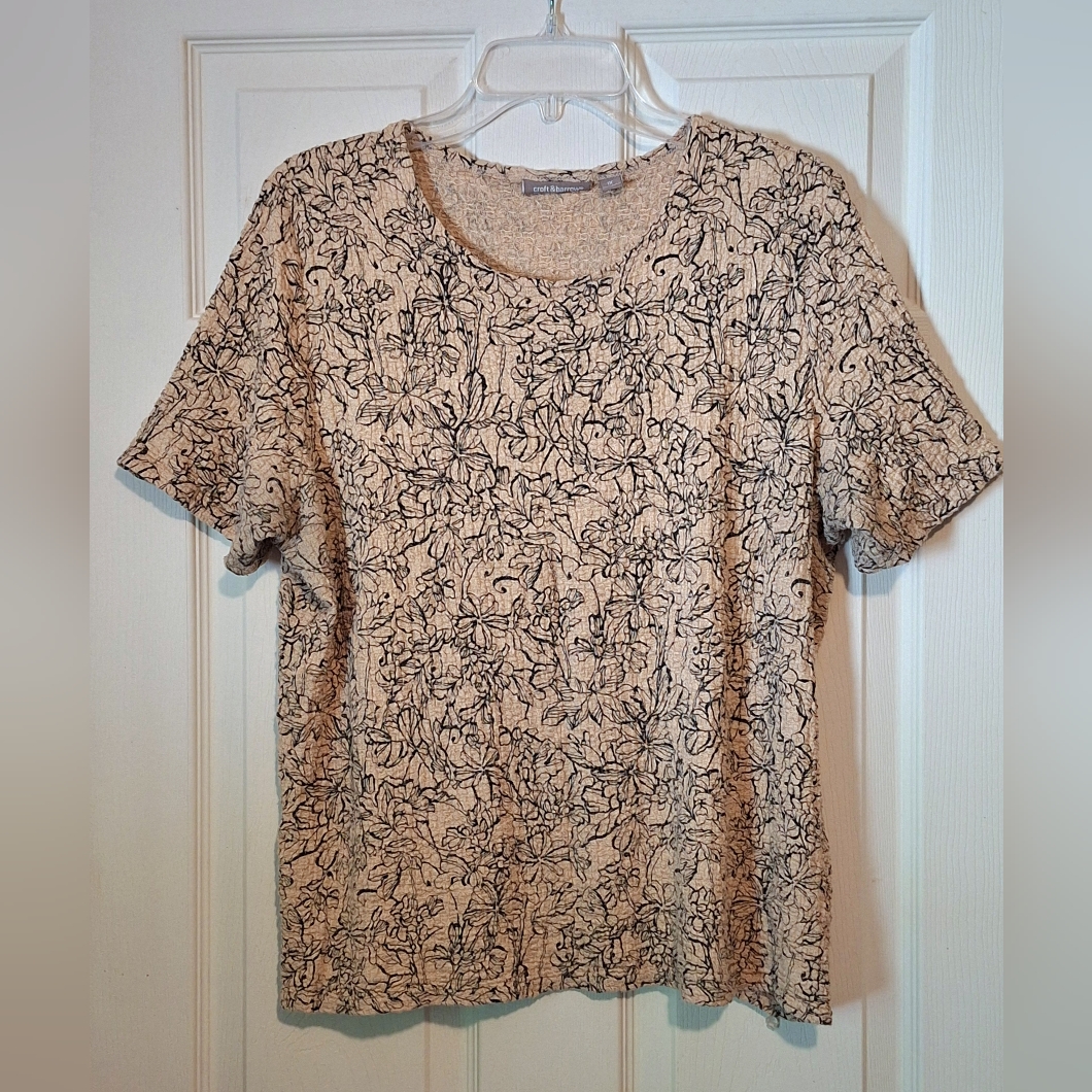'Croft & Barrow' Textured Popcorn Material Shirt, Tan With Black Flowers, 1x